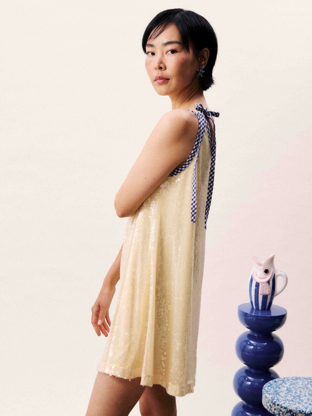 Sequin Tie-Shoulder Mini Dress in Cream
